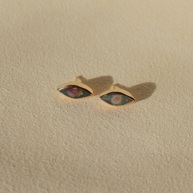 Bloodstone stud earrings in 14k yellow gold. evil eye style earrings