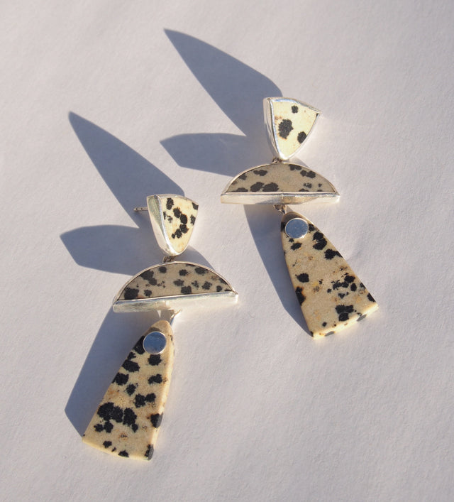 one of a kind sterling silver chandelier earrings with dalmatian jasper