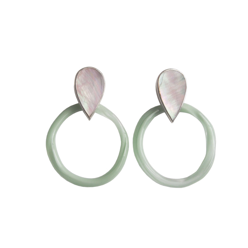 AURA Hoop Earrings / Mother of Pearl + Celadon Glass