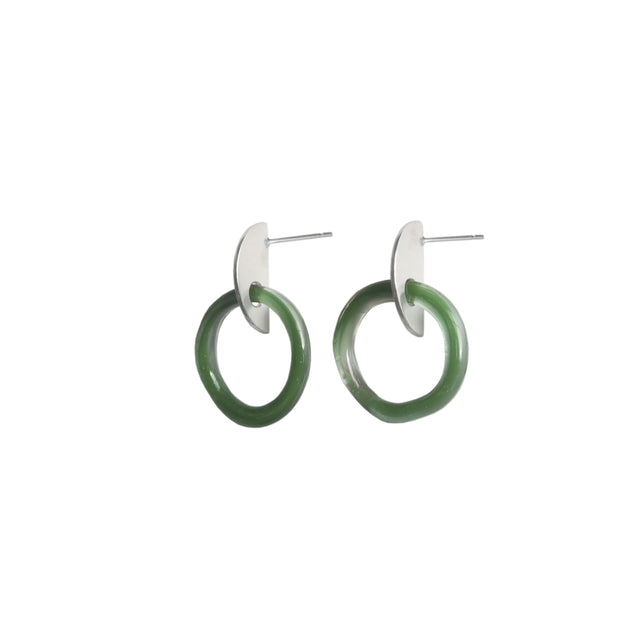 Sterling silver stud earrings with forest green glass hoops