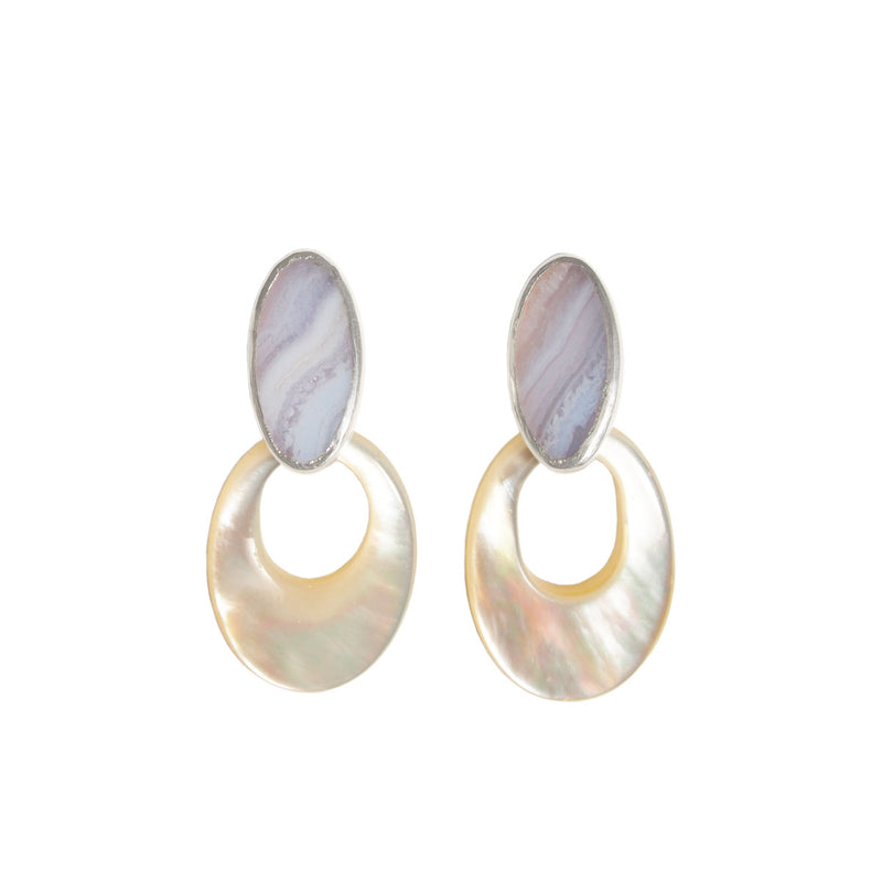 AURA One-of-a-Kind Hoop Earrings / Mother of Pearl + Blue Lace Agate