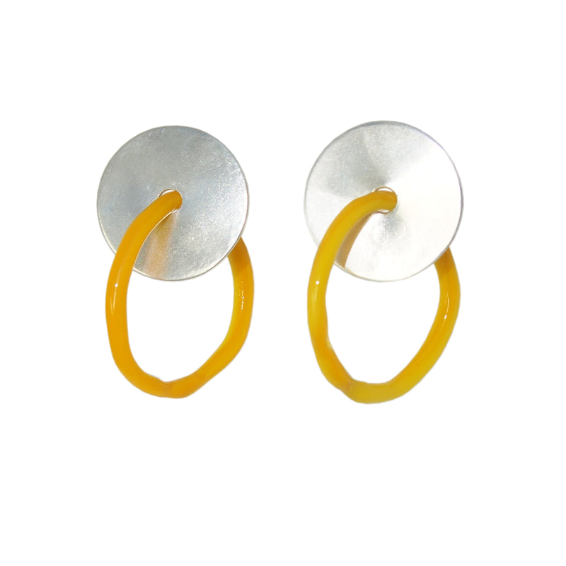 sterling silver stud earring with yellow glass hoop