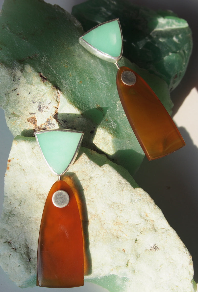 sculptural sterling silver drop earrings featuring chrysoprase and yellow agate