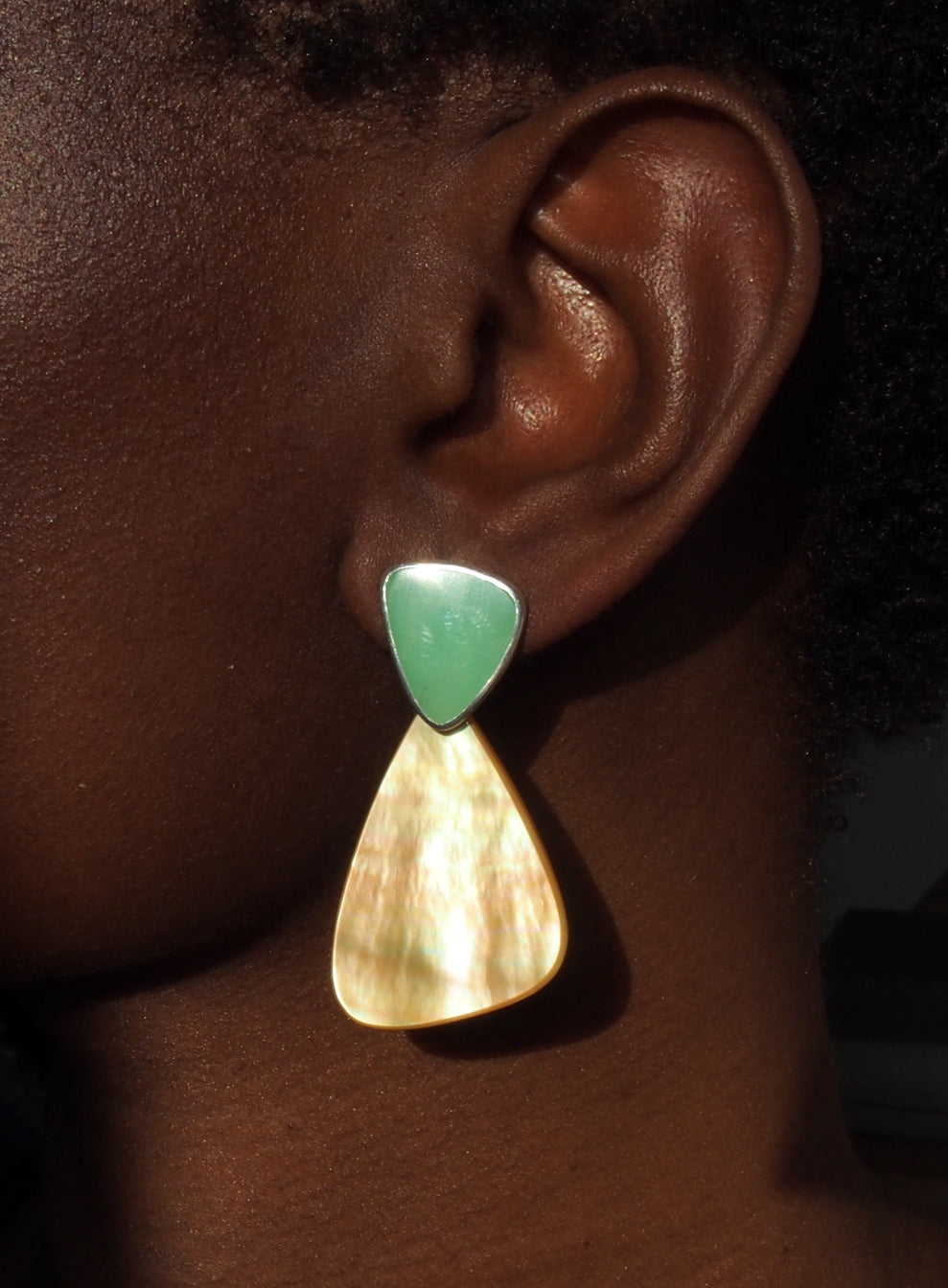 model image of chrysoprase drop earring with mother of pearl in sterling silver