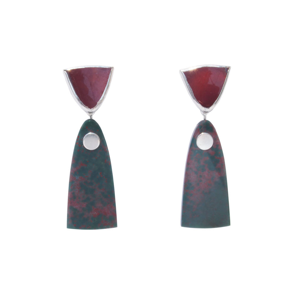 Mookaite and bloodstone drop earrings with sterling silver hand cut stone lapidary