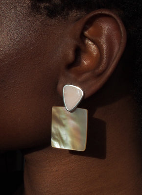 model image of pink opal stud earrings with mother of pearl drops