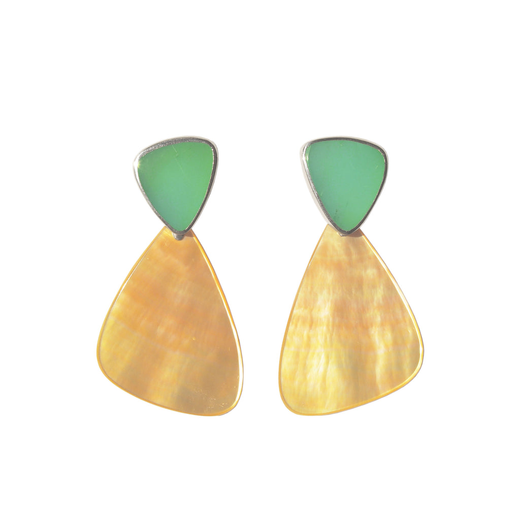 Sterling silver drop earring featuring mother of pearl and chrysoprase