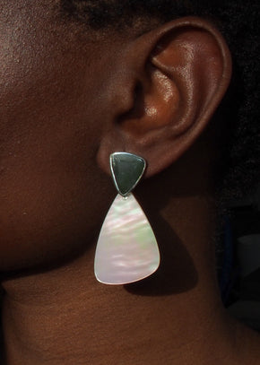 model image of green jade earrings with mother of pearl drop