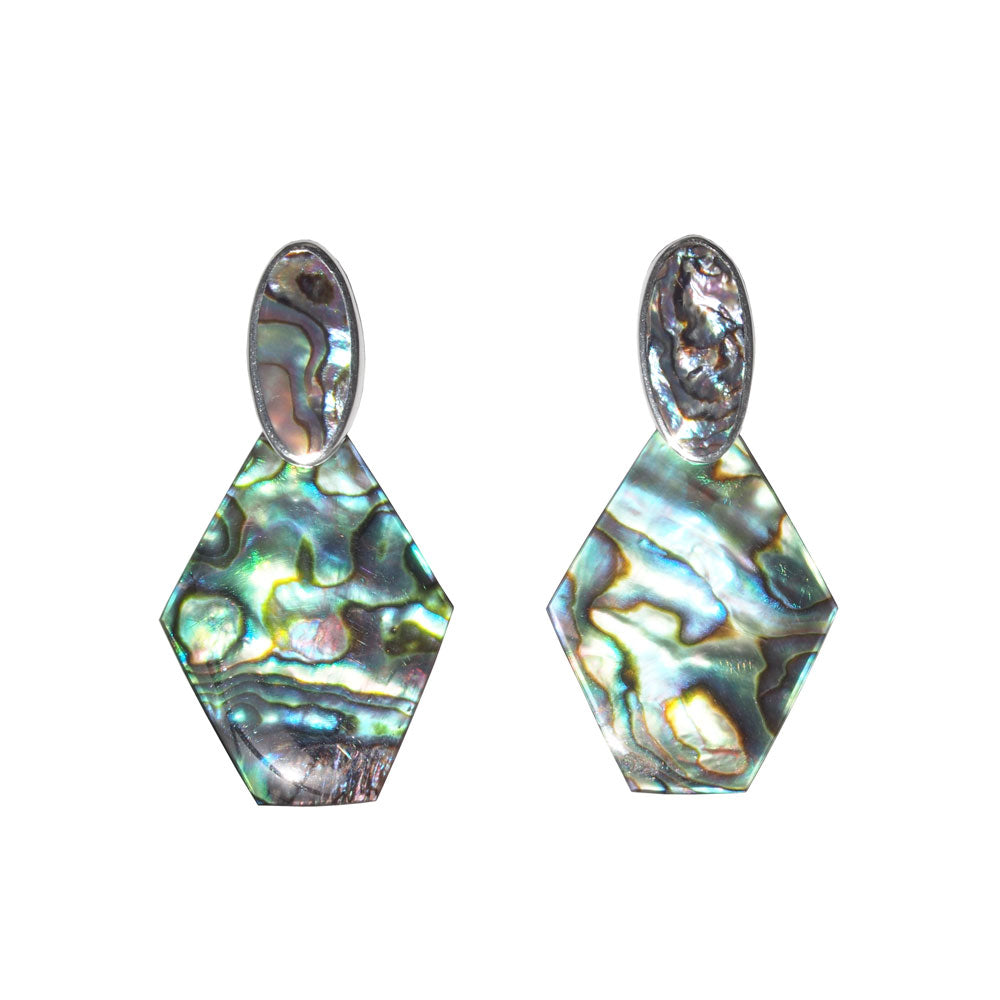 abalone stud earrings with geometric drops in sterling silver