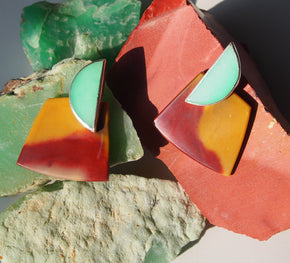 geometric sterling silver stud earrings featuring hand cut chrysoprase and mookaite